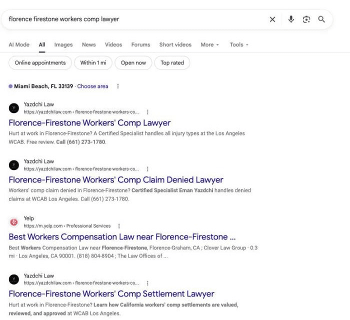 Google results page where three of the first four organic results come from Yazdchi Law
