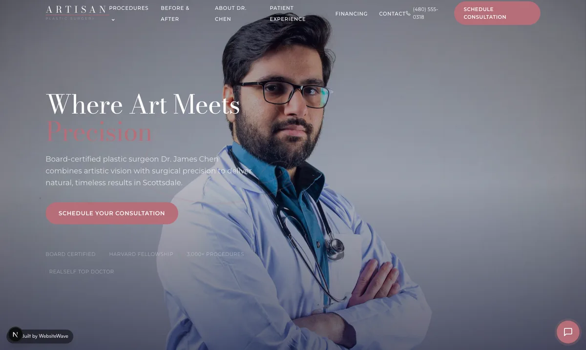 Artisan Plastic Surgery demo website — board-certified surgeon design by WebsiteWave